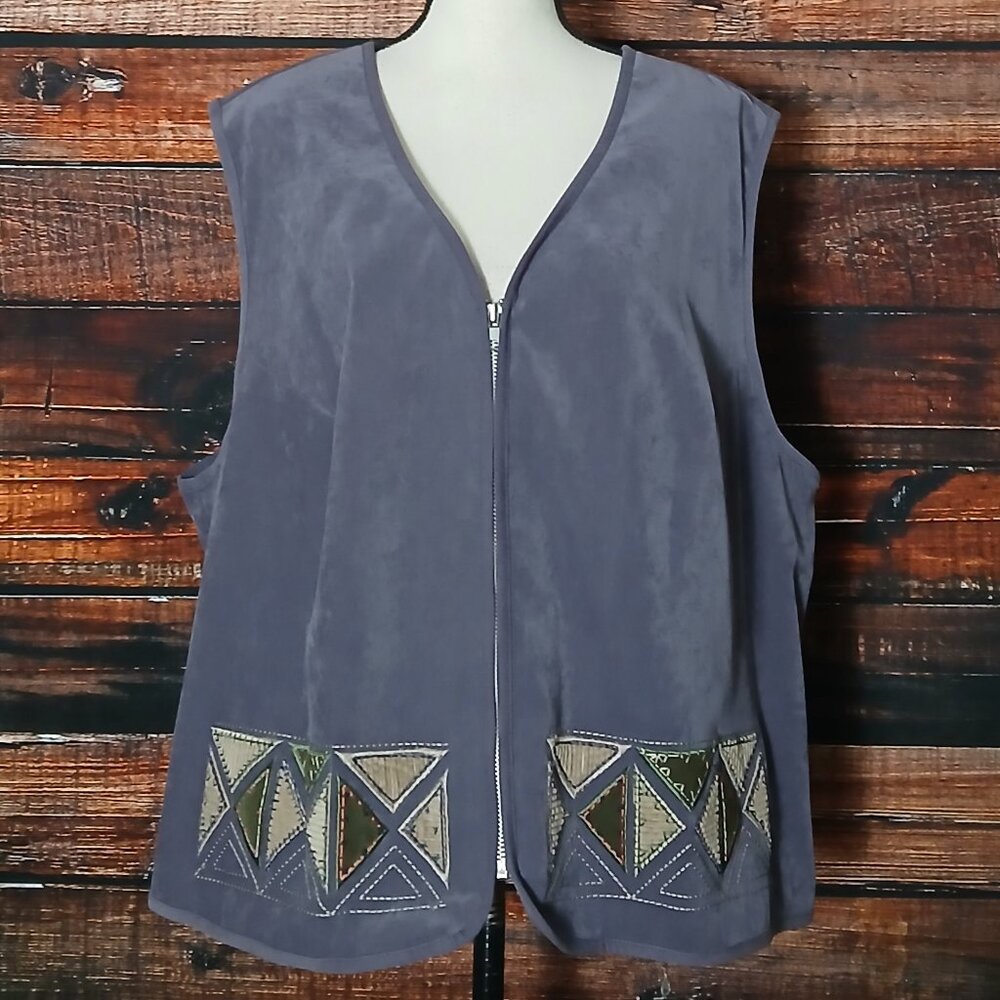 Monterey By Koret Vintage Vest Plus Size 22 W Faux Suede Zip Front Patchwork